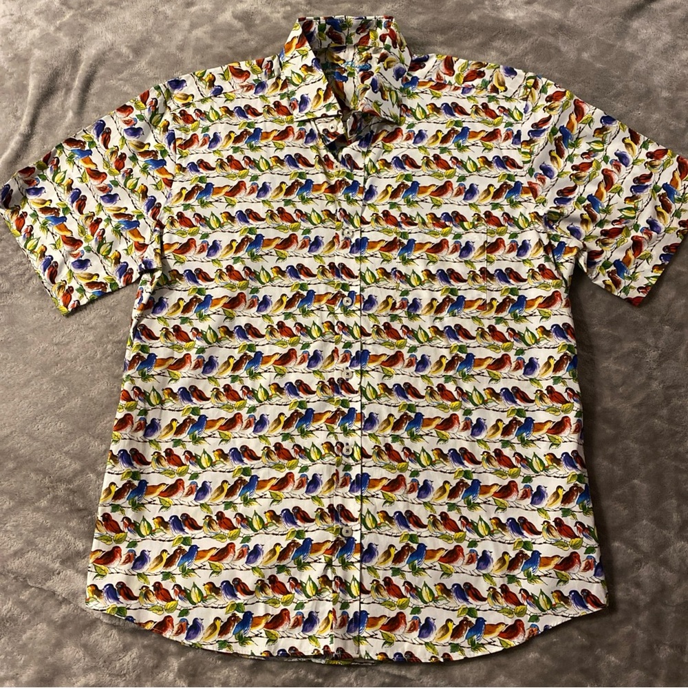 Alan Flusser Men's Button Cotton Shirt White Multicolored Birds Short Sleeve L